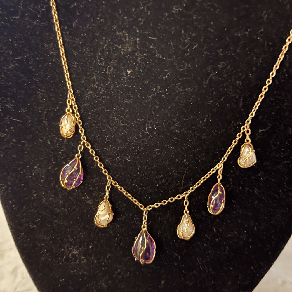 Amethyst and pearl 14k gold necklace